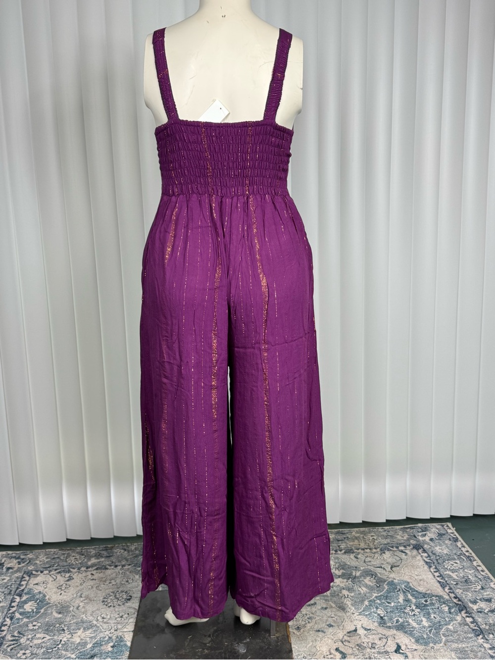 White Waves Purple Boho Wide Leg Jumpsuit Metallic Stripe S/M NWT - Picture 3 of 11